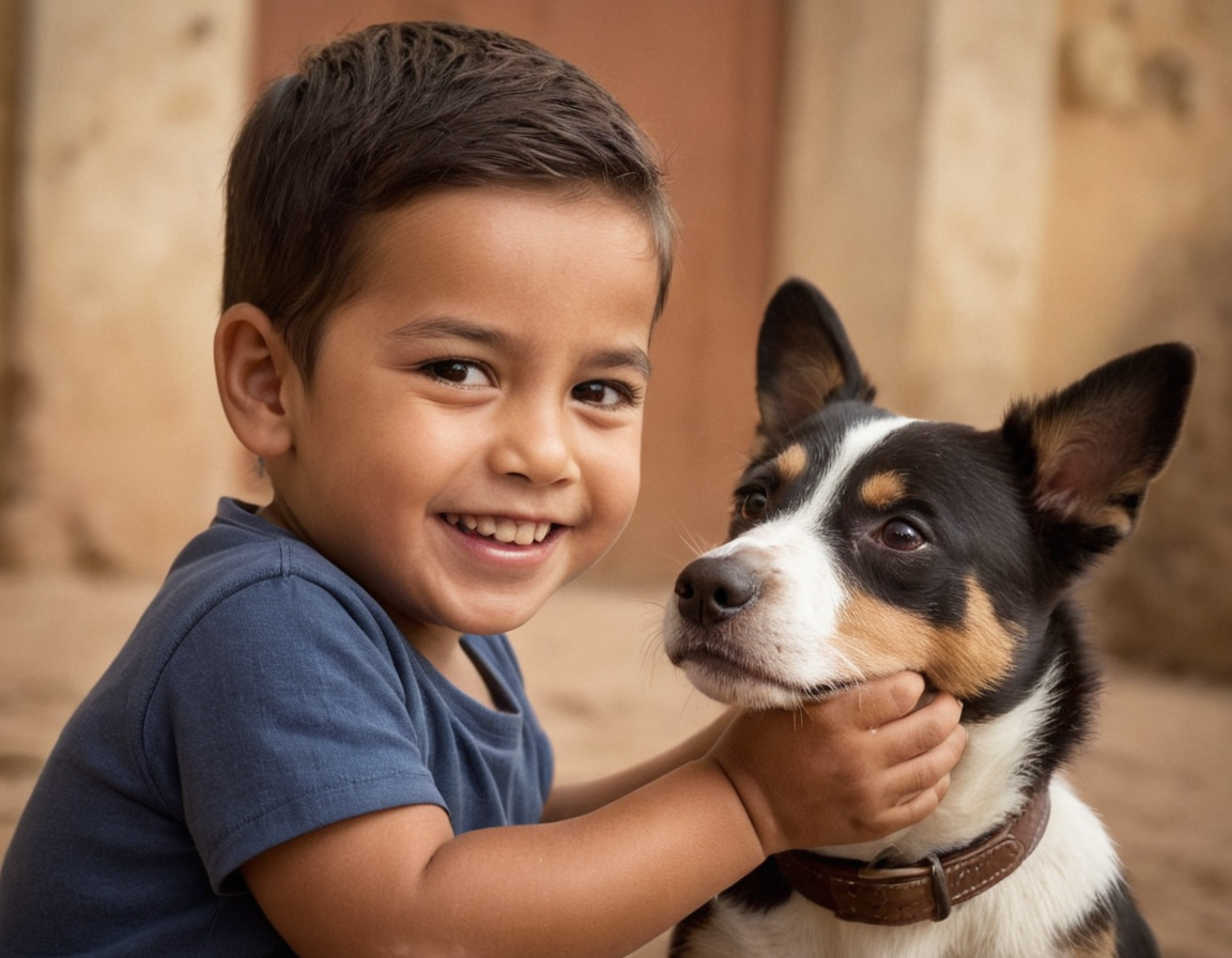 Niño de cinco años junto a su perro cachorro, de raza mestiza