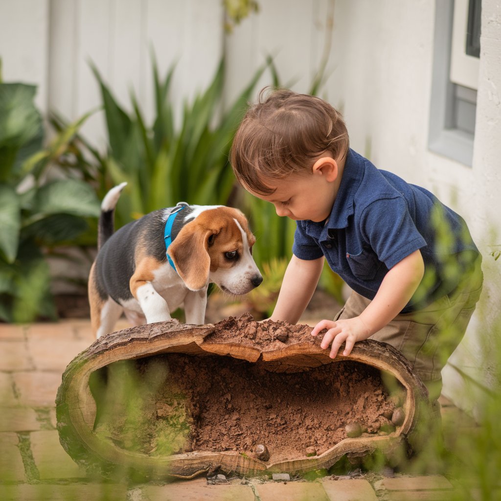 Niño de cinco años junto a su perro raza Beagle explorando un hormiguero en un tronco seco en el patio de la casa